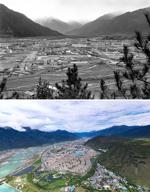 拼版照片：上圖是20世紀(jì)90年代的西藏林芝八一鎮(zhèn)；下圖是2021年7月20日拍攝的西藏林芝八一鎮(zhèn)風(fēng)貌。